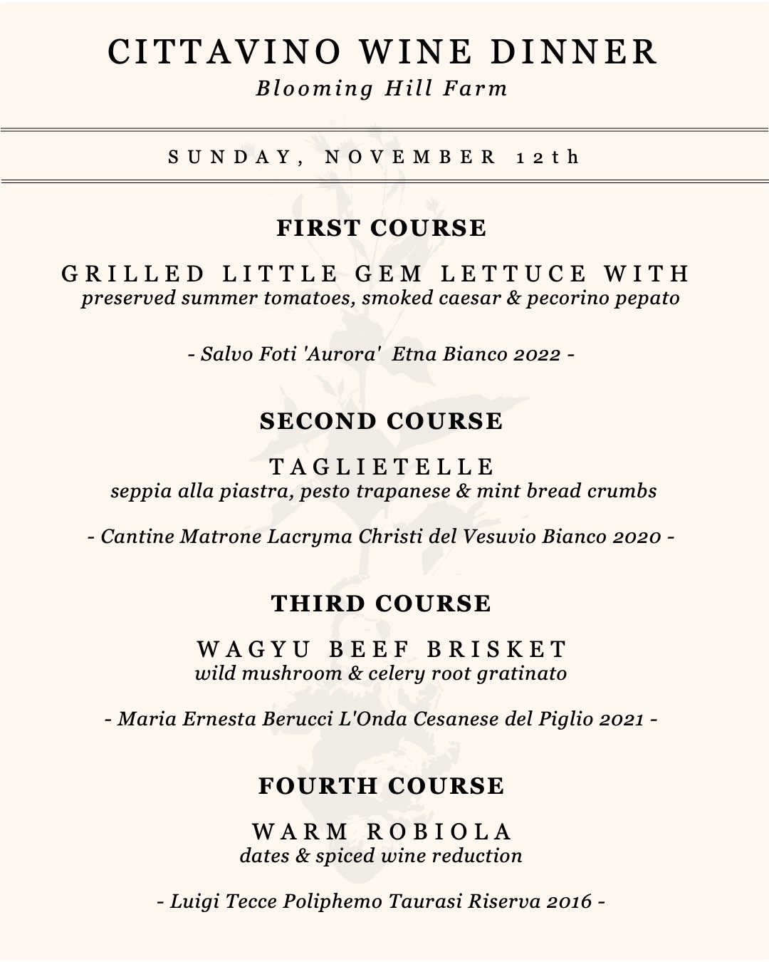 Blooming Hill Cittavino Dinner