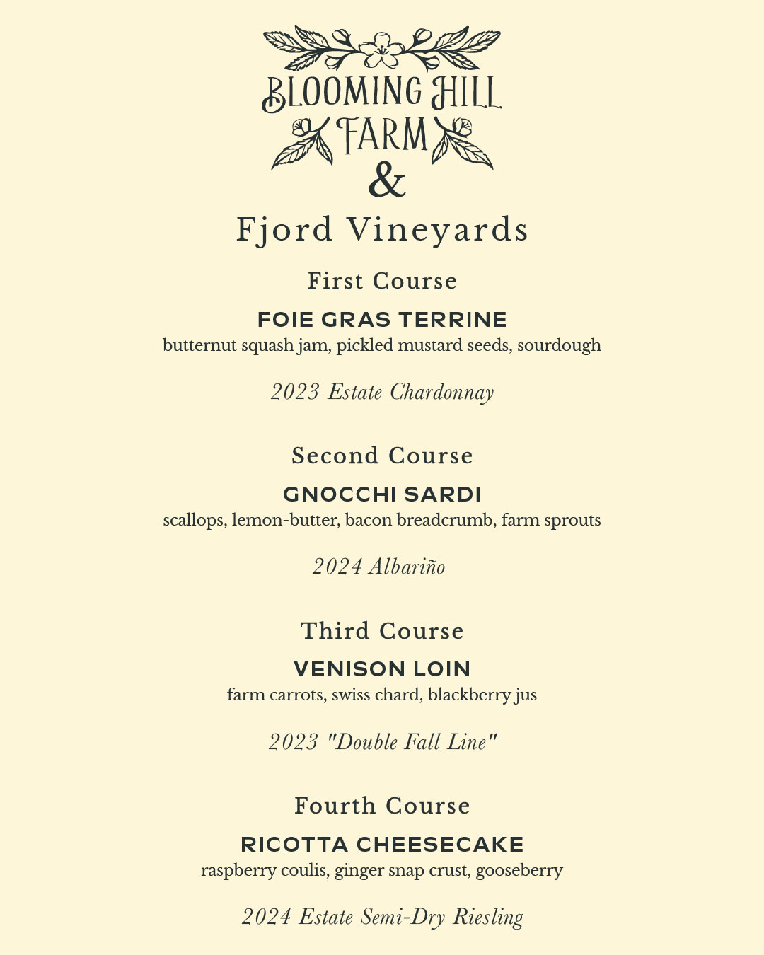 Blooming Hill - Macari Dinner - Menu and Pairings