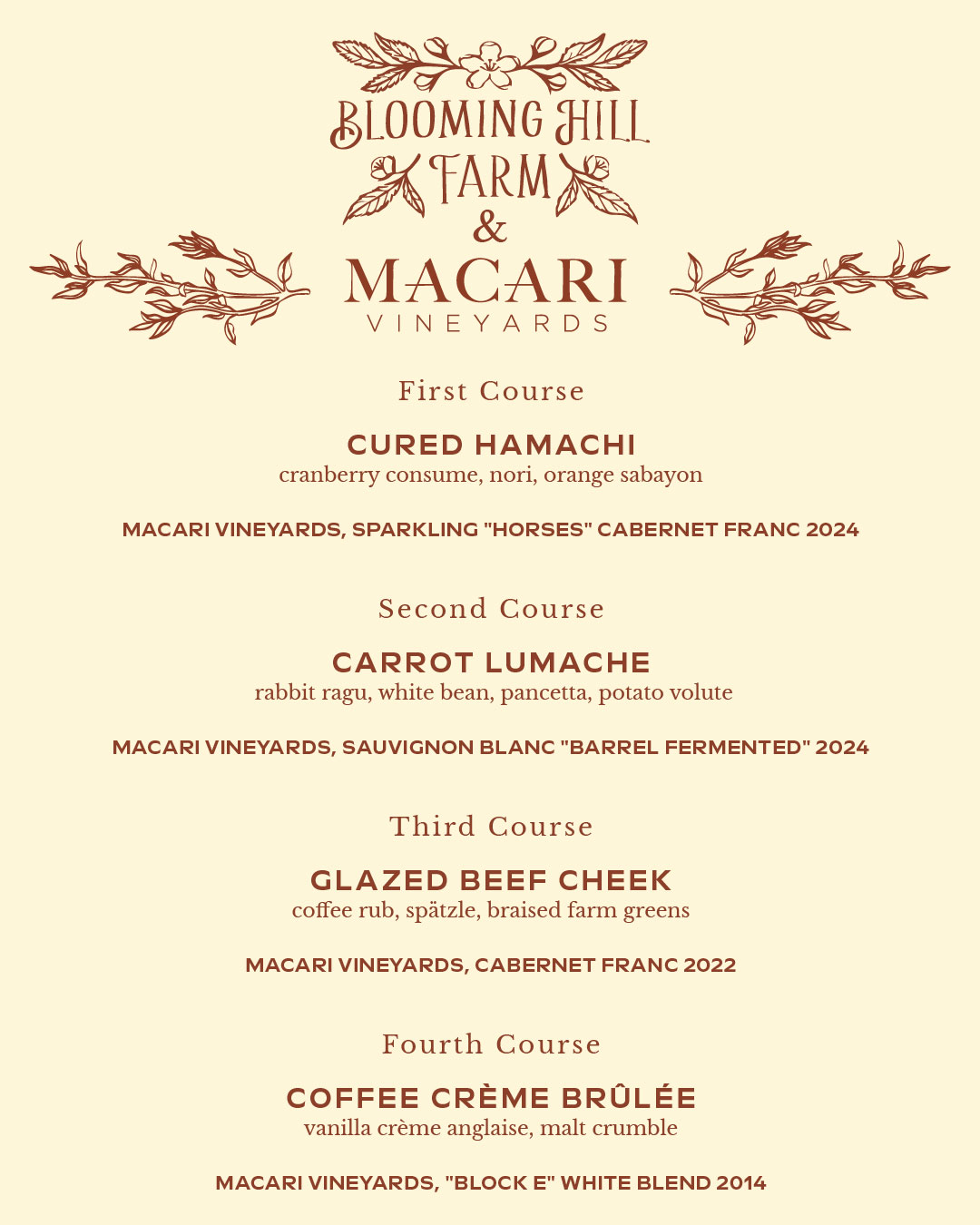 Blooming Hill - Macari Dinner - Menu and Pairings