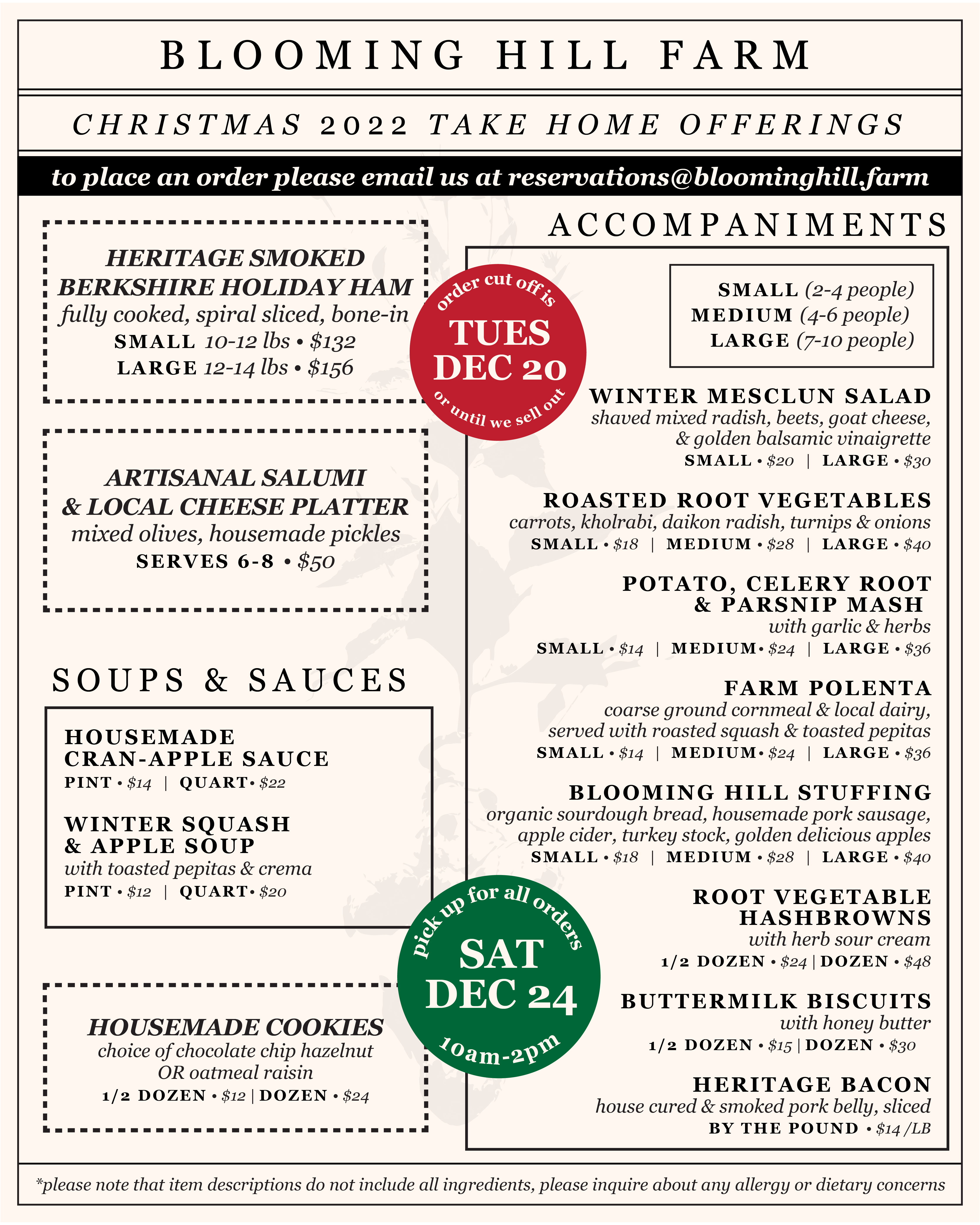 Blooming Hill Farm Menu