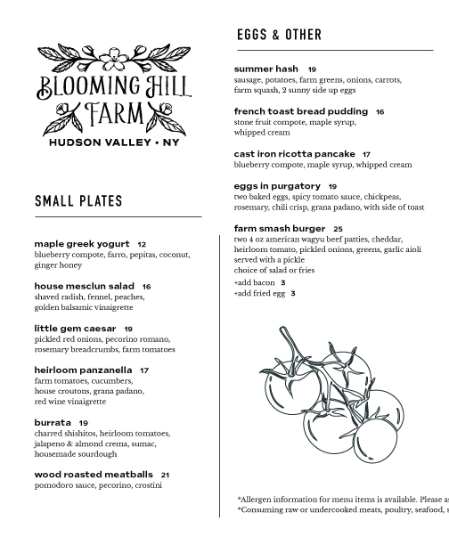 Blooming Hill Farm Menu
