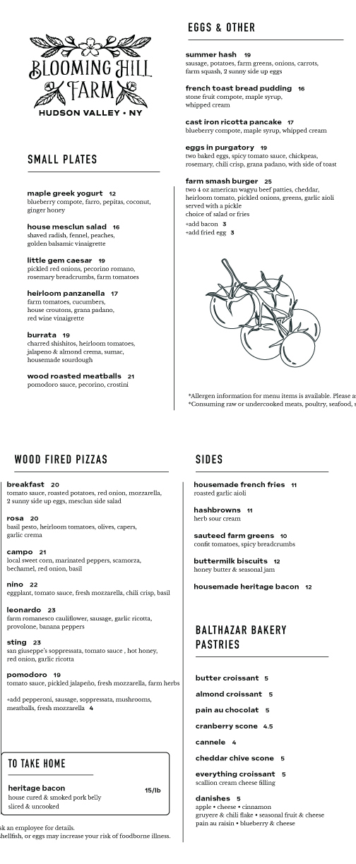 Blooming Hill Farm Menu
