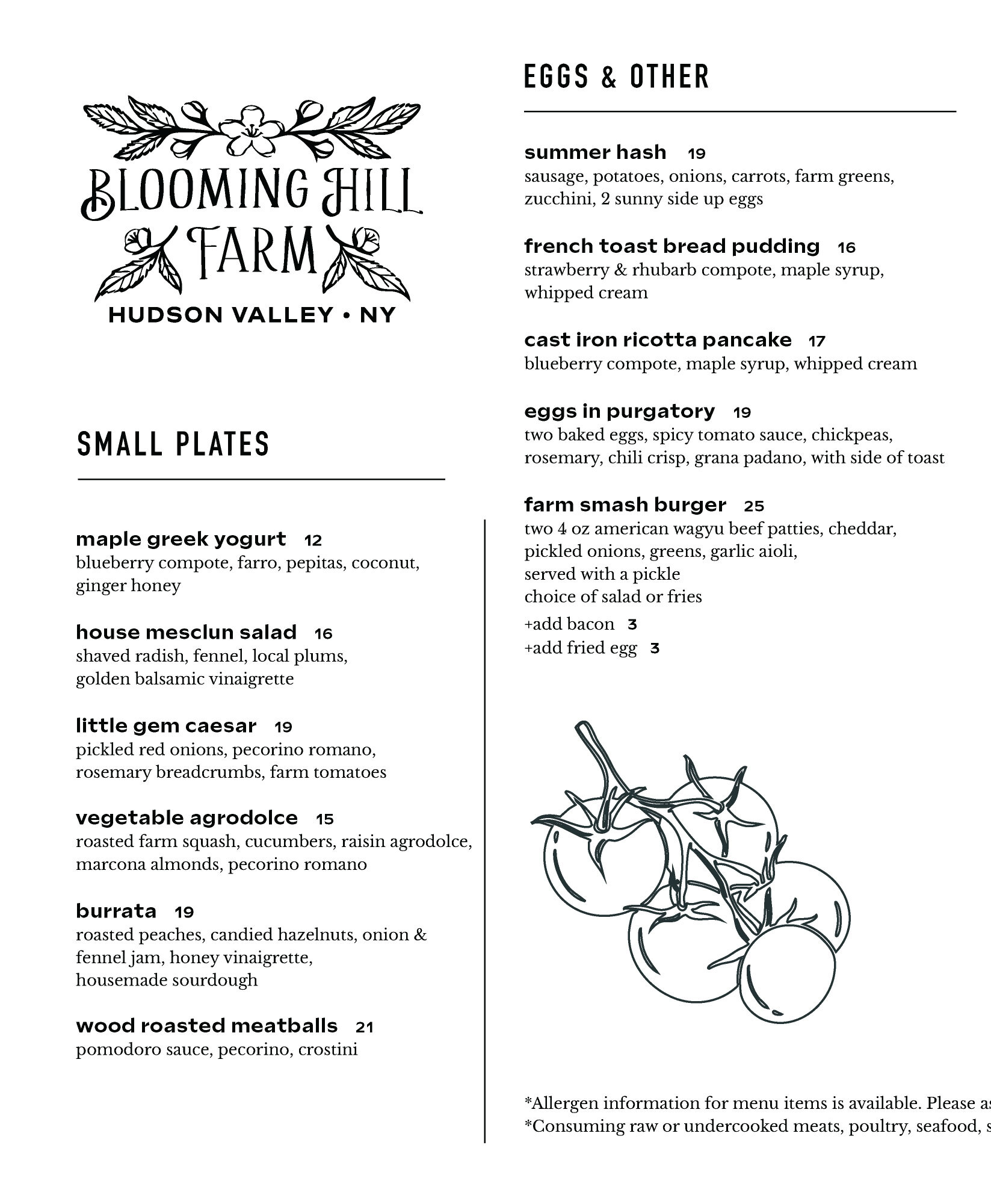 Blooming Hill Farm Menu