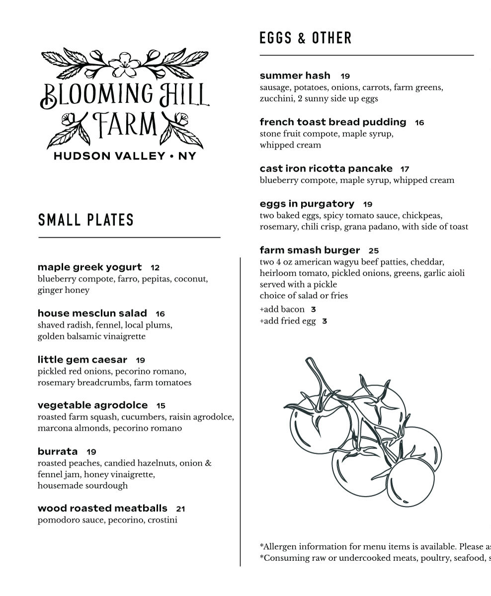 Blooming Hill Farm Menu