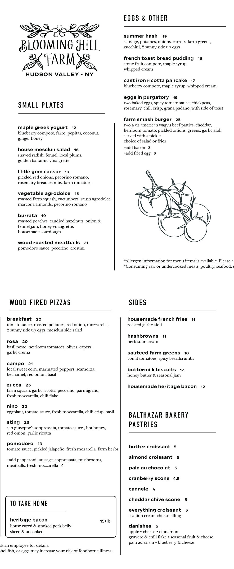 Blooming Hill Farm Menu