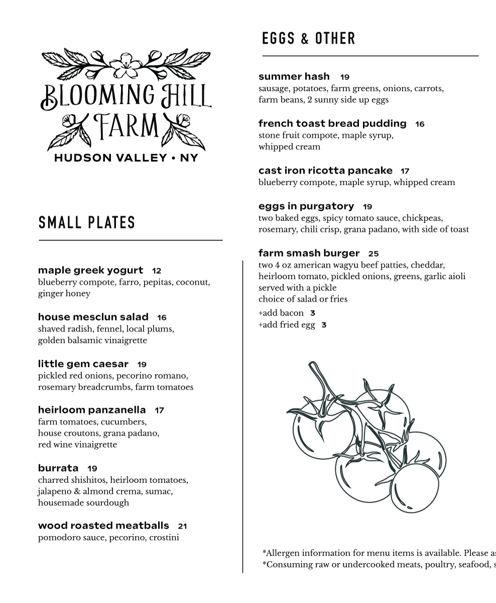 Blooming Hill Farm Menu