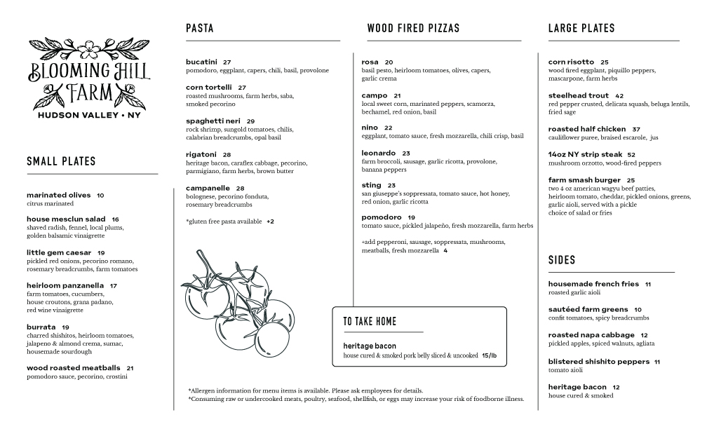 Blooming Hill Farm Dinner Menu