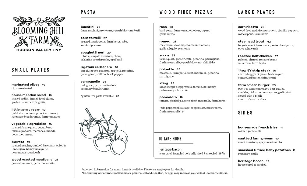 Blooming Hill Farm Dinner Menu