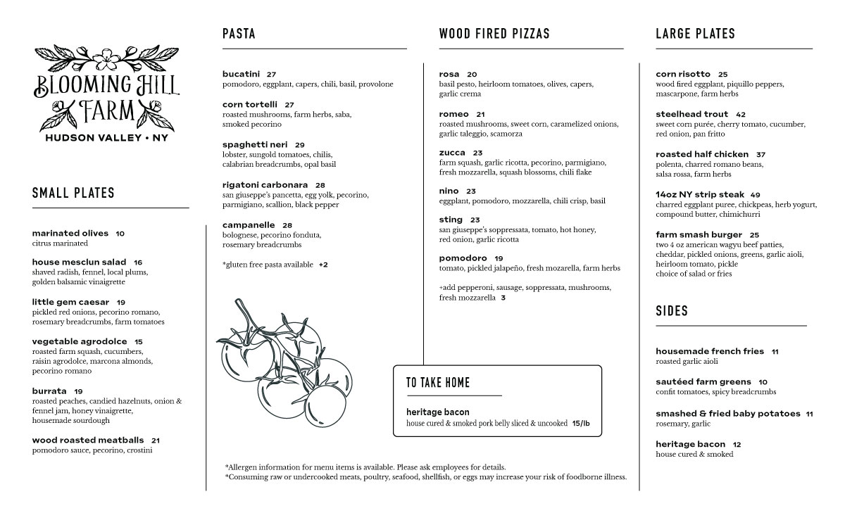 Blooming Hill Farm Dinner Menu