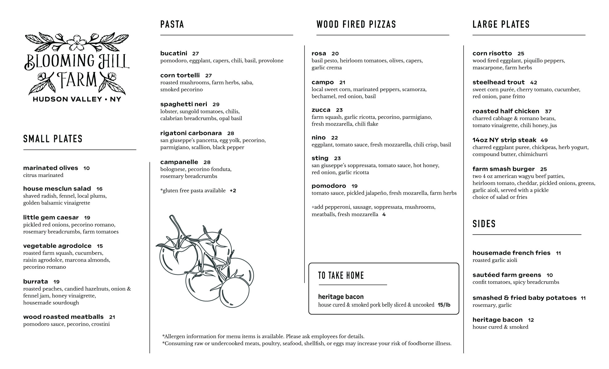 Blooming Hill Farm Dinner Menu