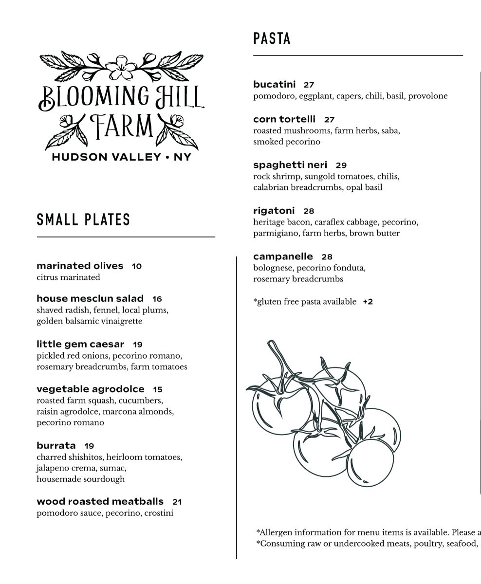 Blooming Hill Farm Dinner Menu