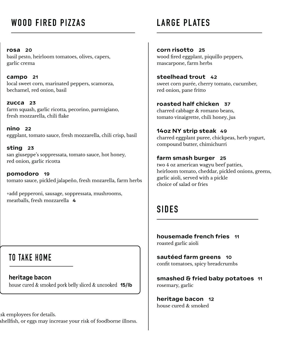Blooming Hill Farm Dinner Menu