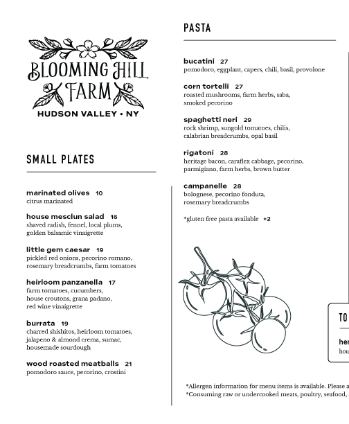 Blooming Hill Farm Dinner Menu