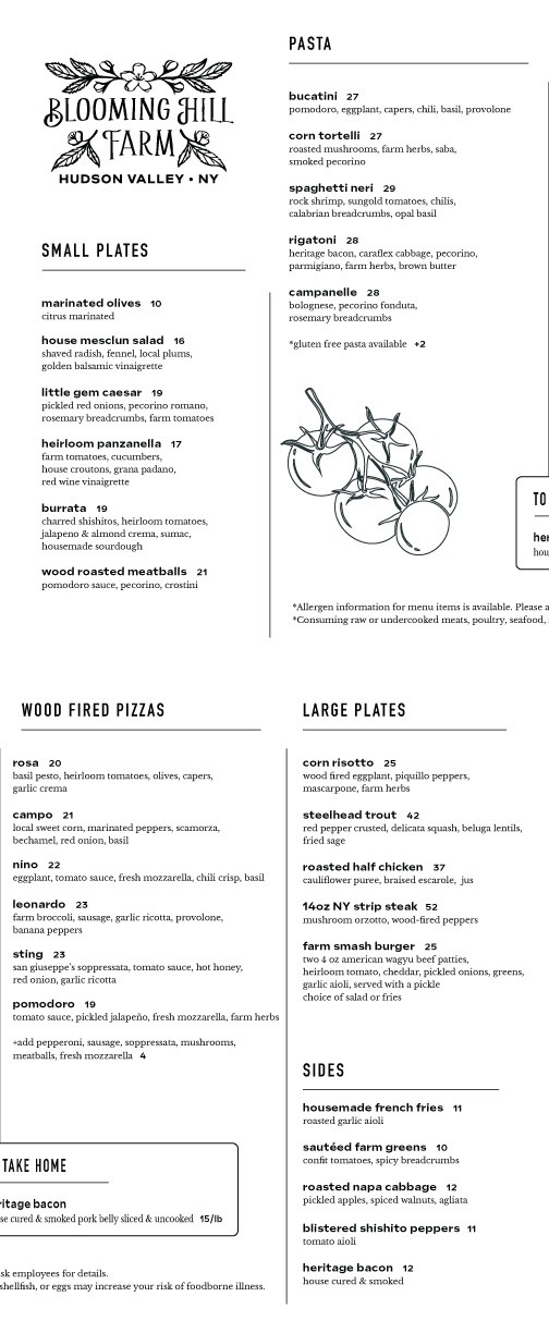 Blooming Hill Farm Dinner Menu
