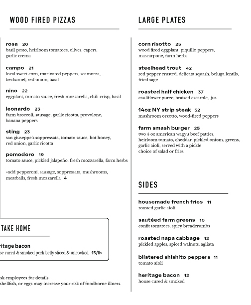 Blooming Hill Farm Dinner Menu