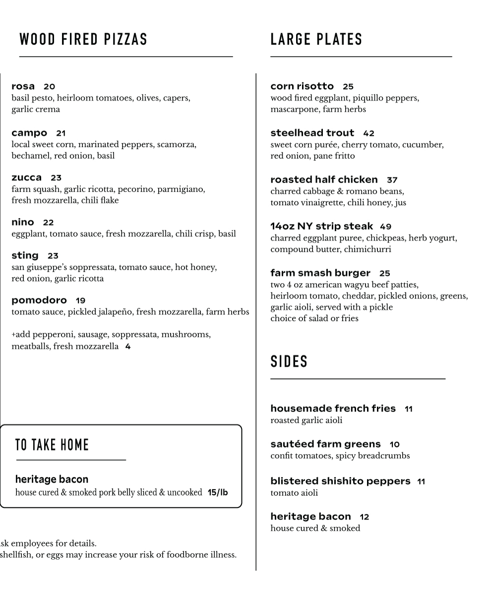 Blooming Hill Farm Dinner Menu