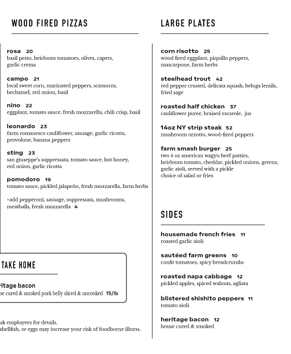 Blooming Hill Farm Dinner Menu