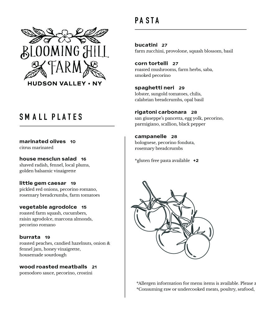 Blooming Hill Farm Dinner Menu