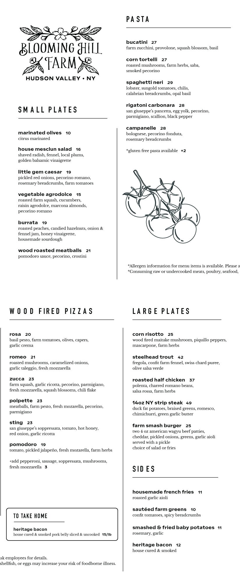 Blooming Hill Farm Dinner Menu