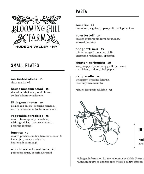 Blooming Hill Farm Dinner Menu