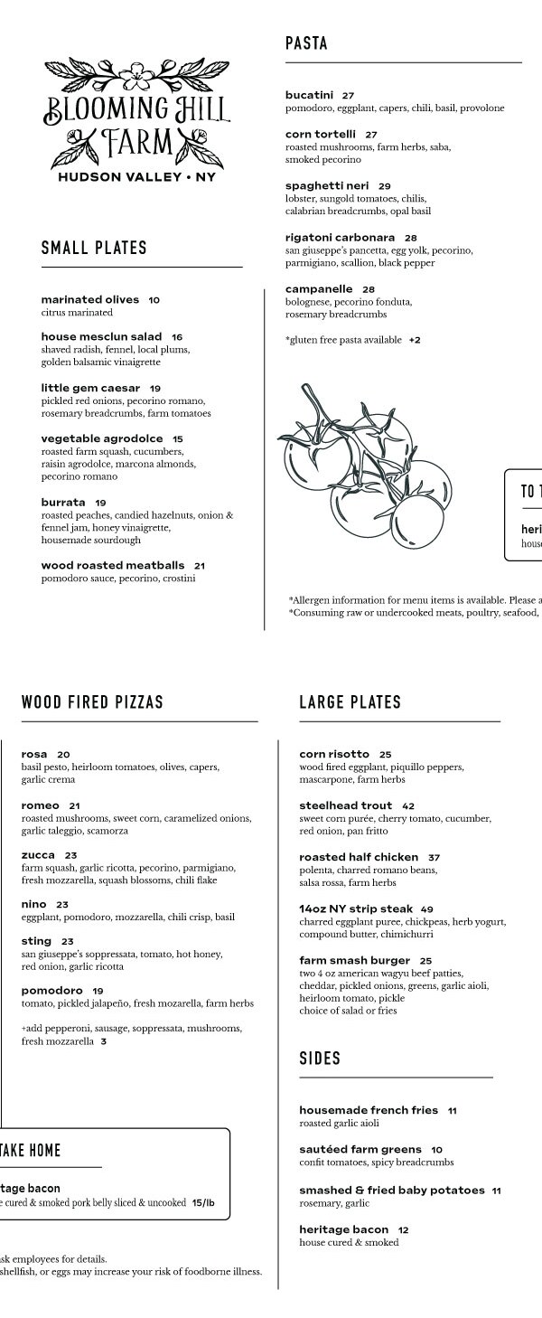 Blooming Hill Farm Dinner Menu