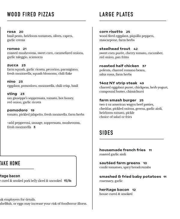 Blooming Hill Farm Dinner Menu