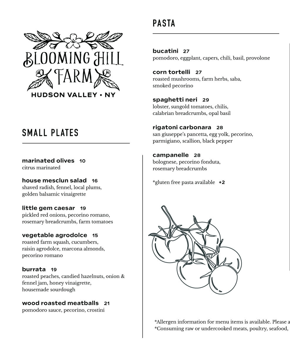 Blooming Hill Farm Dinner Menu