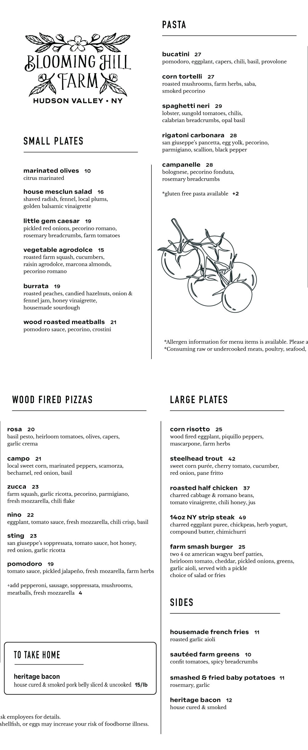 Blooming Hill Farm Dinner Menu