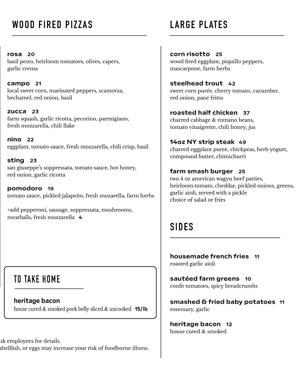 Blooming Hill Farm Dinner Menu